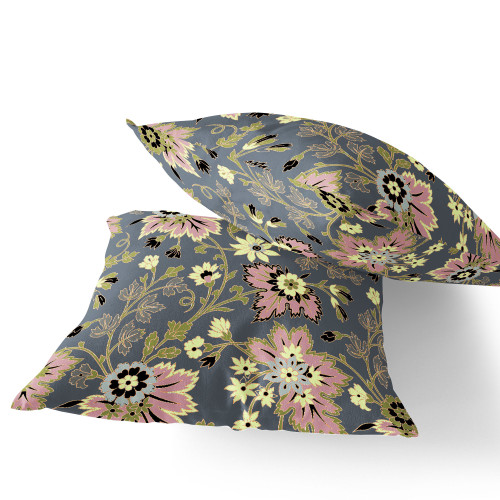 Set of Two Pink And Gray Floral Indoor Outdoor Throw Pillow