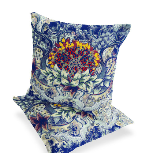 Set of Two Blue Gray Yellow And Red Sunflower Indoor Outdoor Throw Pillow