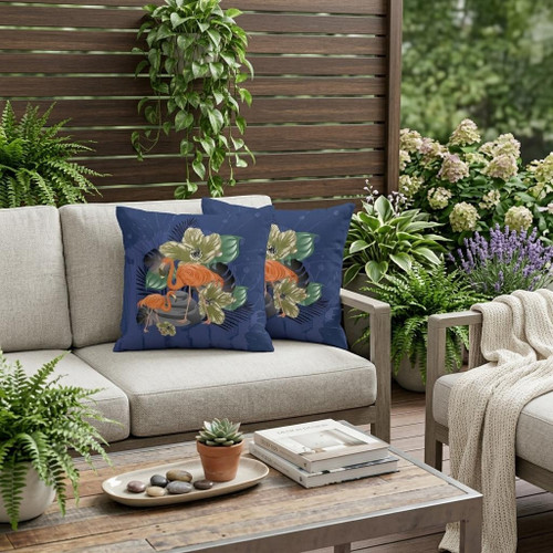 Set of Two Green Black And Blue Flamingo Floral Indoor Outdoor Throw Pillow