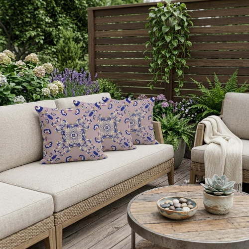 Set of Three Purple And Blue Botanical Indoor Outdoor Throw Pillow