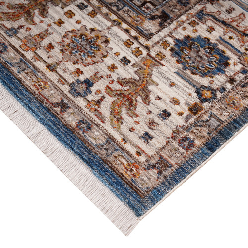 5' X 8' Navy Blue Beige And Brown Oriental Area Rug With Fringe