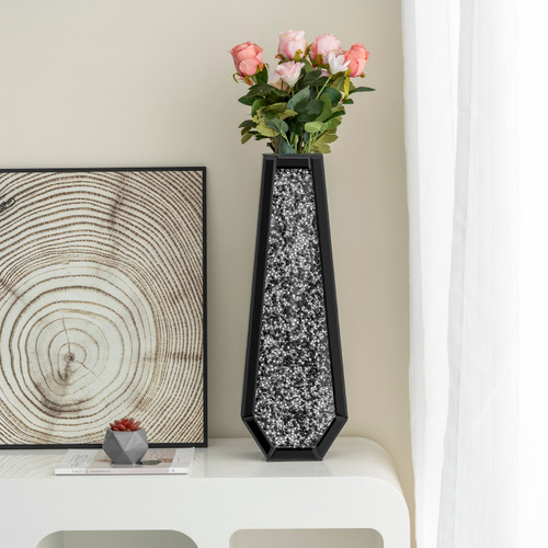 24" Black Crystal Glass Floor Vase With Faux Crystals