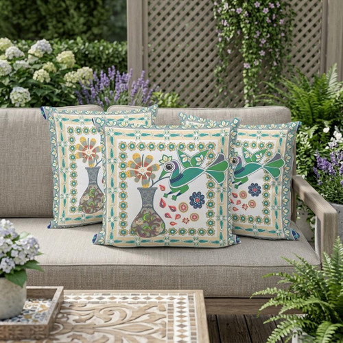 Set of Three Cream Green And Yellow Peacock Indoor Outdoor Throw Pillow