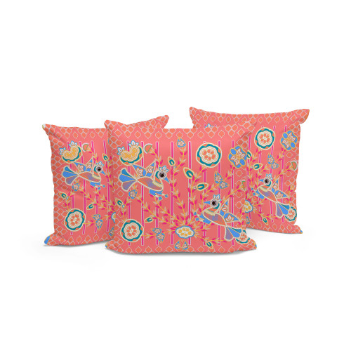 Set of Three Peach And Blue Peacock Indoor Outdoor Throw Pillow