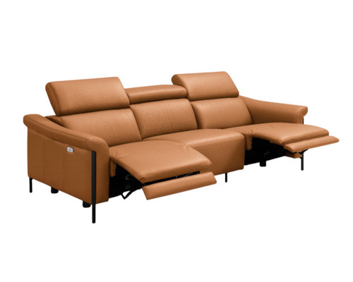 96" Camel Leather Reclining Wood USB Sofa