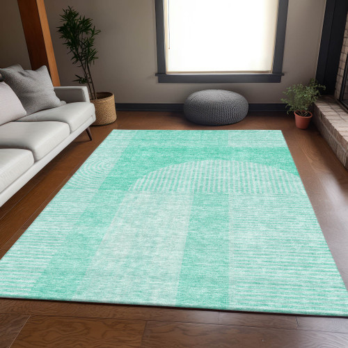 8' X 10' Teal And Ivory Geometric Washable Area Rug With UV Protection