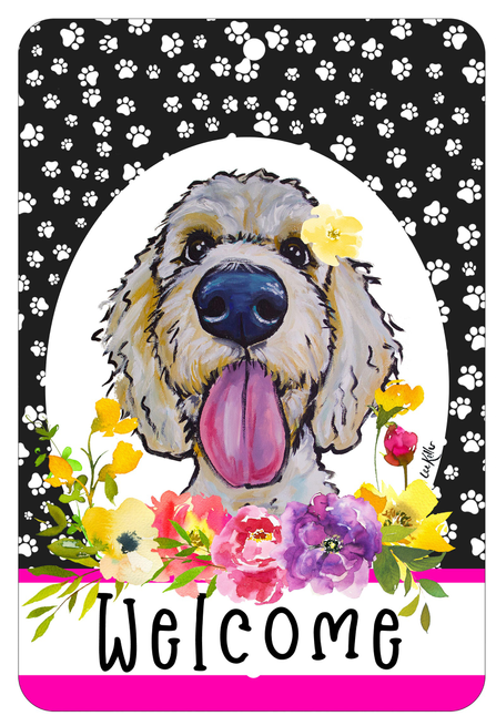 Goldendoodle Blonde - HHS Paw Prints Welcome Indoor/Outdoor Aluminum Sign