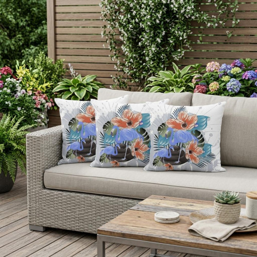 Set of Three Gray Flamingo Indoor Outdoor Throw Pillow