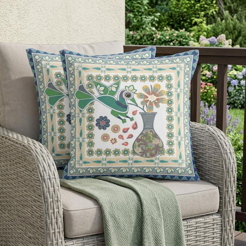 Set of Two Cream Green And Yellow Peacock Indoor Outdoor Throw Pillow
