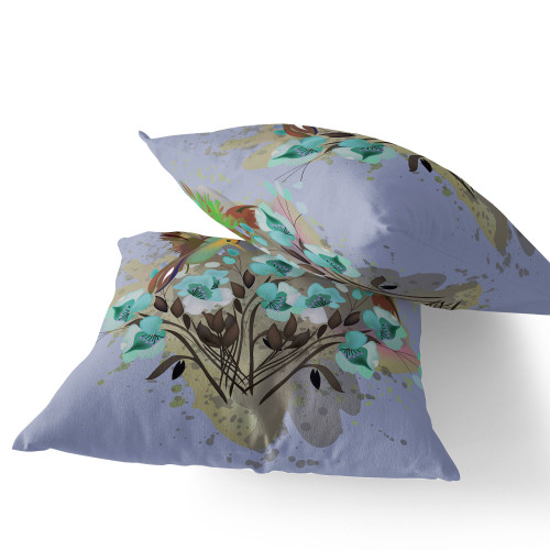 Set of Two Green Brown And Gray Bird Indoor Outdoor Throw Pillow