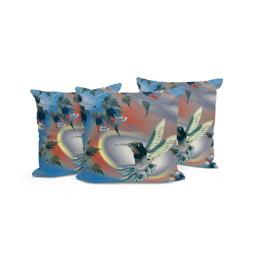 Set of Three Gray Orange And Blue Bird Indoor Outdoor Throw Pillow
