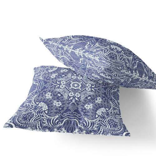 Set of Two Indigo And White Eclectic Indoor Outdoor Throw Pillow