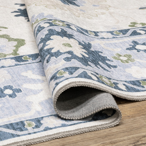 10' X 13' White And Blue Oriental Washable Area Rug