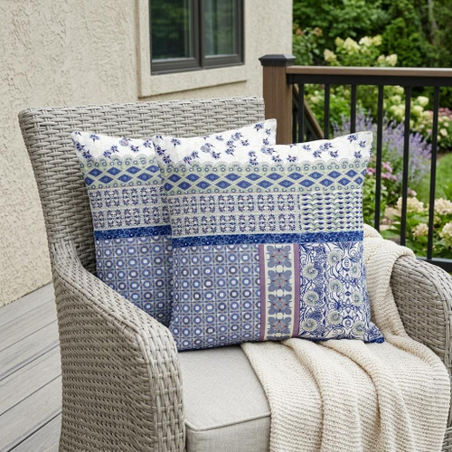 Set of Two White Pink And Blue Floral Indoor Outdoor Throw Pillow