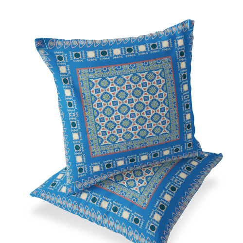 Set of Two Blue And Pink Floral Indoor Outdoor Throw Pillow