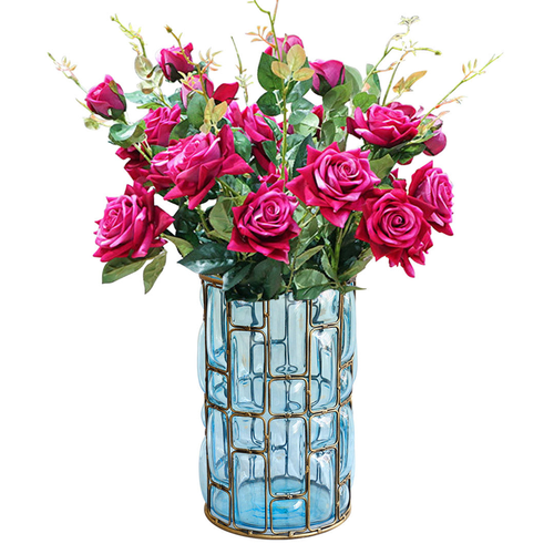 Glass Cylinder Flower Vase with  Bunch  Heads Artificial Fake Silk Rose Home Decor