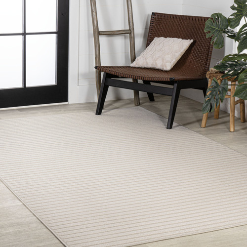 10' X 14' Ivory And Cream Striped Indoor Outdoor Area Rug