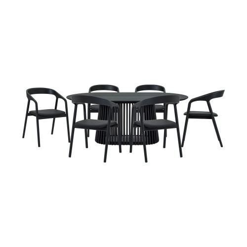 Seven Piece Black Oval Wood Dining Set with Six Chairs