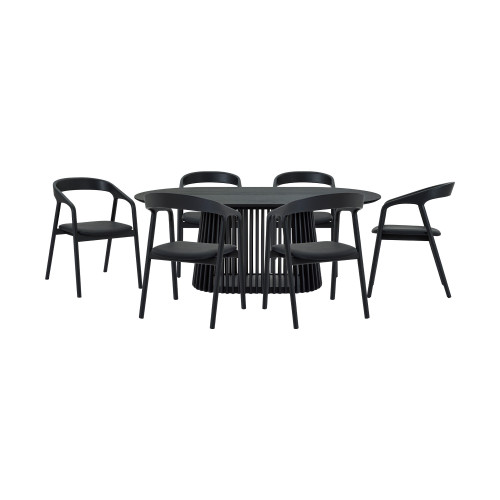 Seven Piece Black Oval Wood Dining Set with Six Chairs
