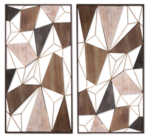 Set of Two Brown and Gold Geometric Wood and Metal Hanging Dimensional Sculptures