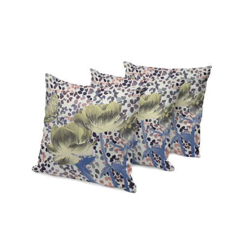 Set of Three Yellow Blue And Peach Floral Indoor Outdoor Throw Pillow