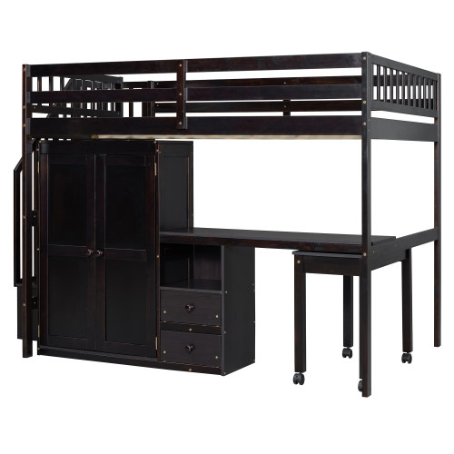 Espresso Slat Wood Full Double Loft Bed With Stairs And Desk And Drawers And Drawer