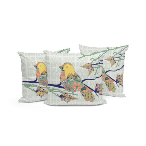 Set of Three Light Green Orange And Yellow Bird Indoor Outdoor Throw Pillow