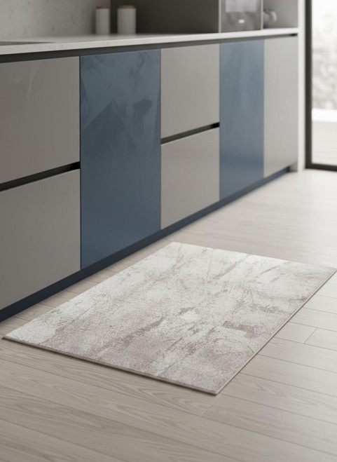 5' Gray And White Abstract Washable Round Rug With UV Protection