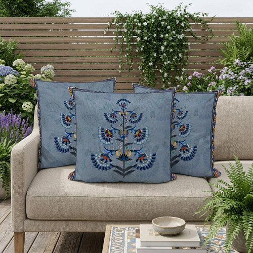 Set of Three Gray Blue And Red Botanical Indoor Outdoor Throw Pillow
