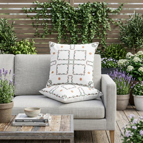 Set of Two White Orange And Green Floral Indoor Outdoor Throw Pillow