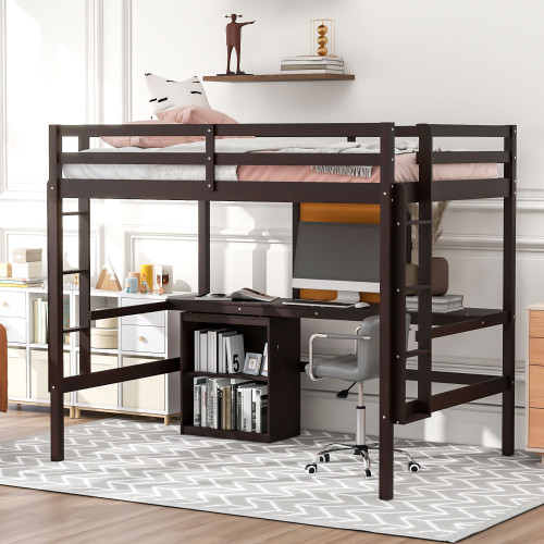 Espresso Four Poster Wood Full Double Loft Bed With Desk And Shelve