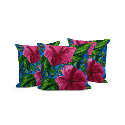 Set of Three Pink Blue And Green Floral Indoor Outdoor Throw Pillow