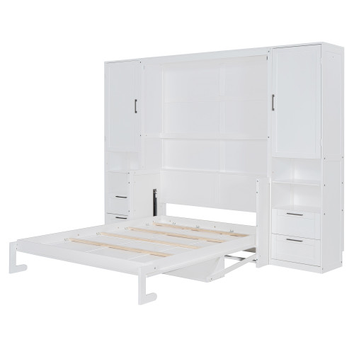 White Wood Queen Murphy Bed With Drawers