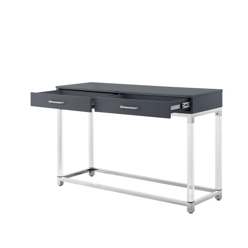 48" Dark Gray and Silver Wood and Stainless Steel Console Table And With Two Drawers