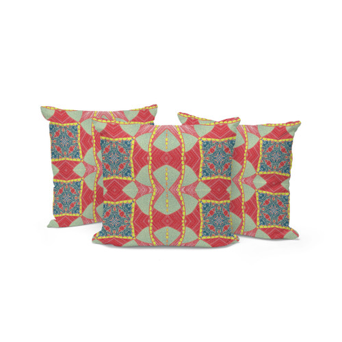 Set of Three Red Yellow And Aqua Abstract Indoor Outdoor Throw Pillow