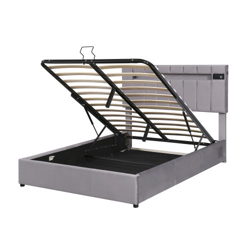Gray Tufted Faux Leather Upholstered Full Bed Frame With USB