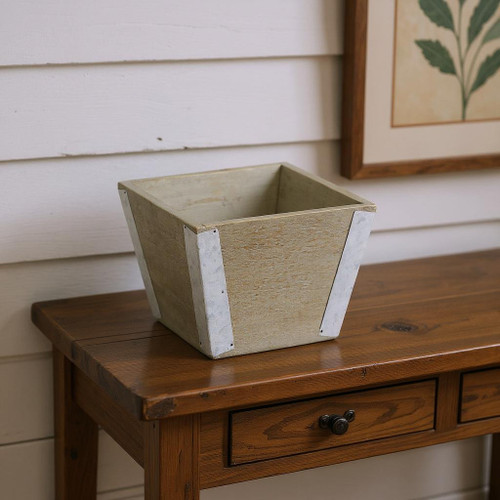 Natural And Silver Metal And Wood 96 Ounce Square Distressed Planter Box