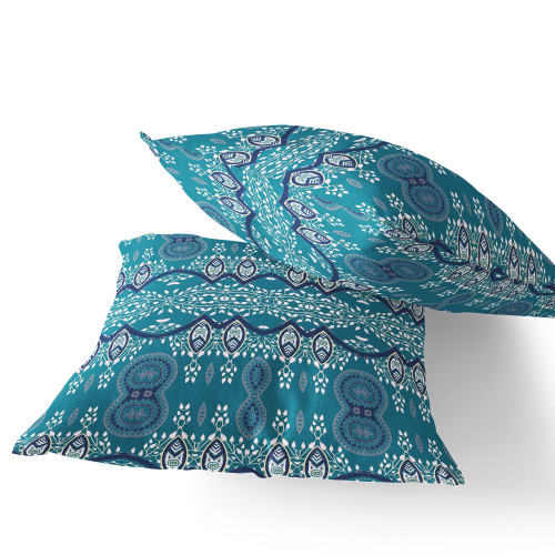 Set of Two Aqua Blue And White Botanical Indoor Outdoor Throw Pillow