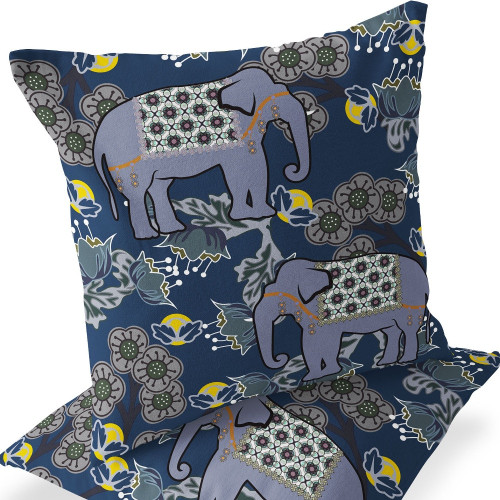 Set of Two Gray Blue And Brown Elephant Indoor Outdoor Throw Pillow