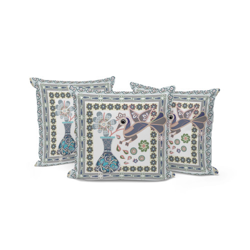 Set of Three Gray And Green Peacock Indoor Outdoor Throw Pillow