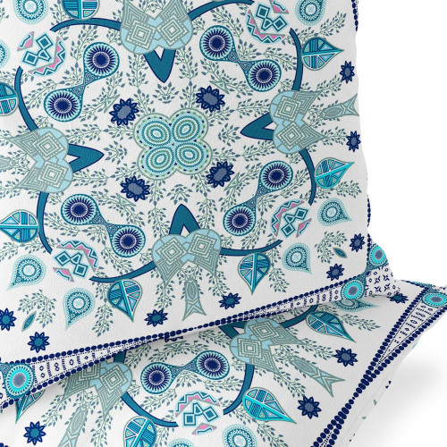 Set of Two Light Blue And White Botanical Indoor Outdoor Throw Pillow