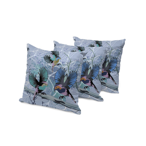 Set of Three Blue Pink And Gray Bird Indoor Outdoor Throw Pillow