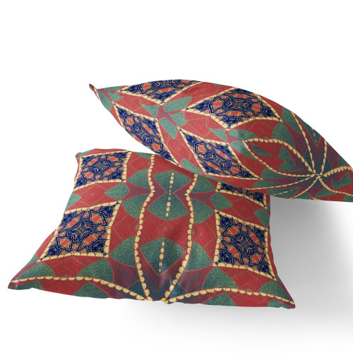 Set of Two Red Green And Indigo Abstract Indoor Outdoor Throw Pillow