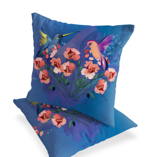 Set of Two Blue Pink And Gray Bird Indoor Outdoor Throw Pillow