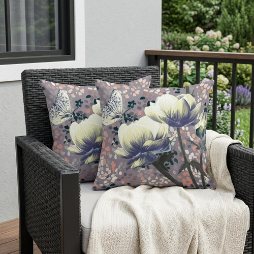 Set of Two Yellow Blue And Gray Floral Indoor Outdoor Throw Pillow