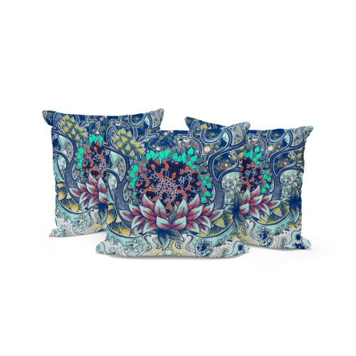 Set of Three Blue Aqua And Yellow Sunflower Indoor Outdoor Throw Pillow