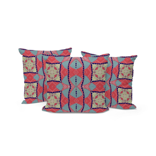 Set of Three Red And Yellow Abstract Indoor Outdoor Throw Pillow