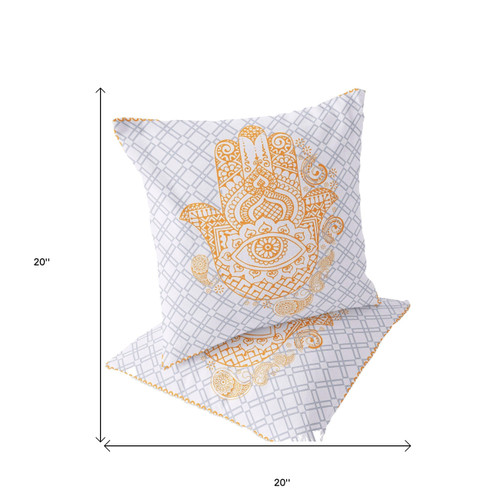 Set of Two Gold Gray And White Hamsa Indoor Outdoor Throw Pillow
