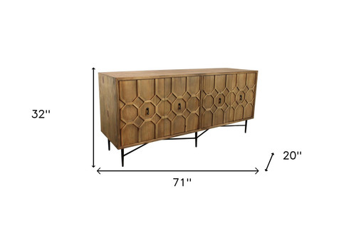 71" Brown Distressed Reclaimed Wood Carved Geometric Sideboard With Four Doors