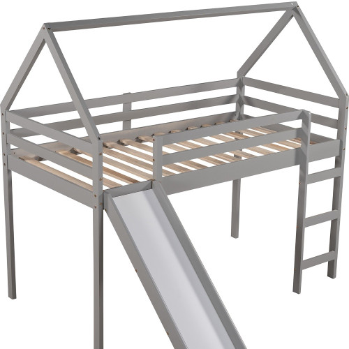 Gray Canopy Solid Wood Twin Loft Bed with Slide